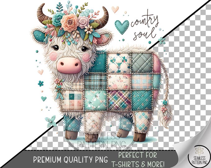 Patchwork Cow Sublimation Design, Country Floral UV DTF Graphic, Pastel Farmhouse Clip Art, Quilted Cow Printable PNG, A498