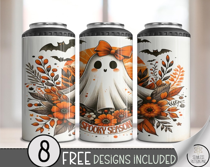 Spooky Season Can Cooler Wrap, Vintage Ghost 4in1 Design, Autumn Floral Wrap, Cute Ghost with Flowers 4 in 1 Hard Can Wrap, A448