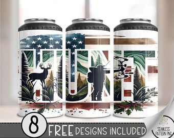 Deer Hunting 4in1 Can Cooler Wrap, Hunter 4 in 1 Tumbler PNG, Seamless American 16 Oz Can Cooler Sublimation Design, Patriotic PNG