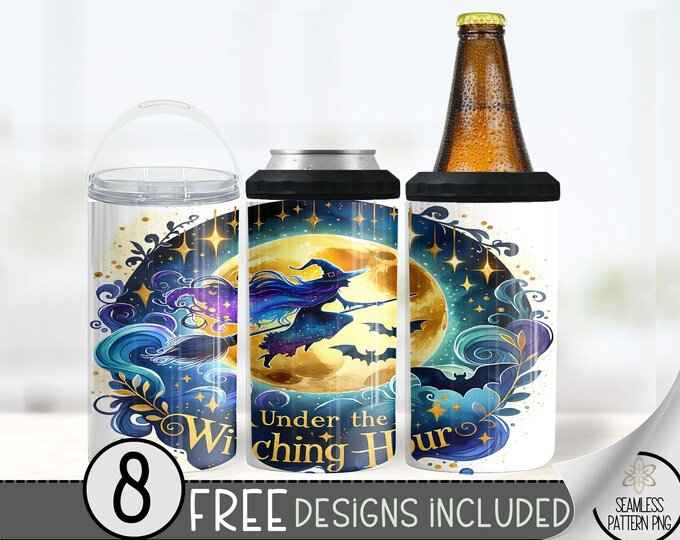 Flying Witch Can Cooler Wrap, Full Moon 16 oz 4-in-1 Cooler Sublimation, Witching Hour Design, Halloween Magic Wrap, Spooky Can Wrap File