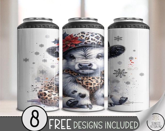 Christmas Highland Cow 4in1 Can Cooler Wrap, Playful Holiday Sublimation Design, Modern Christmas Design with Snowflakes A564
