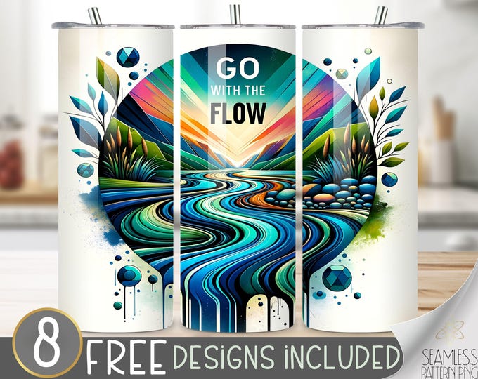 Nature Positive Affirmation Tumbler Wrap, Inspirational 20oz Skinny Tumbler Sublimation Design, Go With The Flow Inspirational Quote