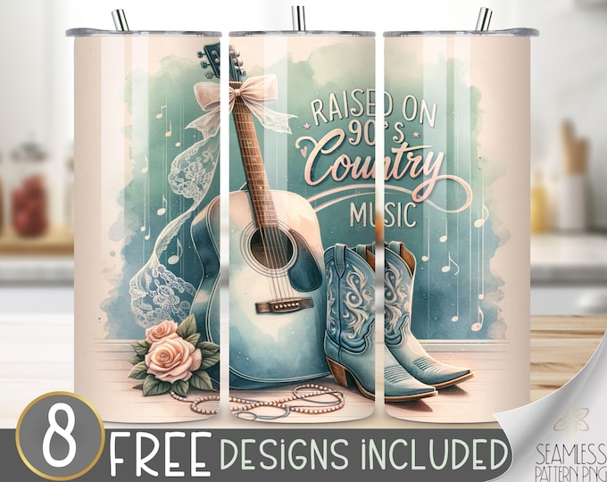 Raised On Country Music Tumbler Wrap, 90s Lace & Pearls Cowgirl Skinny Tumbler Sublimation Design, Cowgirl Tumbler PNG Digital Design