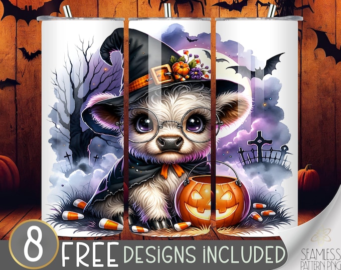 Witch highland cow tumbler wrap, Halloween 20 oz skinny tumbler sublimation design, Halloween cow tumbler wrap, pumpkin candy tumbler design