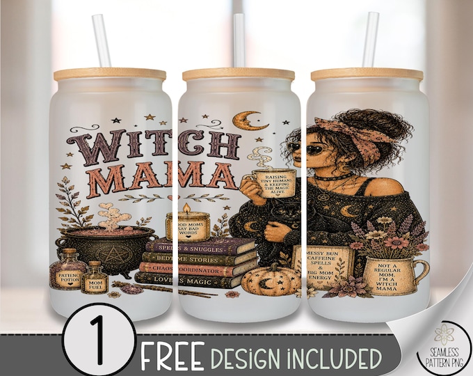 Halloween Witch Mama Glass Can Wrap, 16oz Tumbler Sublimation Design PNG, Digital Download, B10438