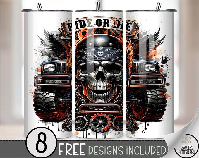 Ride Or Die PNG: Masculine Skull 20 oz Tumbler Wrap For Guys, Digital Download Sublimation Design, B836