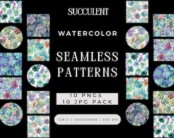 Colorful Watercolor Succulent Seamless Pattern PNG JPG BOHO Greenery Plants Digital Paper Pack Cactus Bundle for Sublimation Background