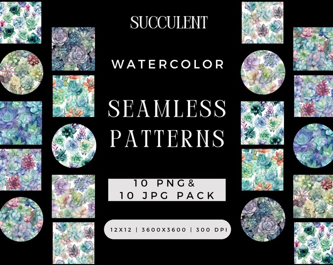 Colorful Watercolor Succulent Seamless Pattern PNG JPG BOHO Greenery Plants Digital Paper Pack Cactus Bundle for Sublimation Background