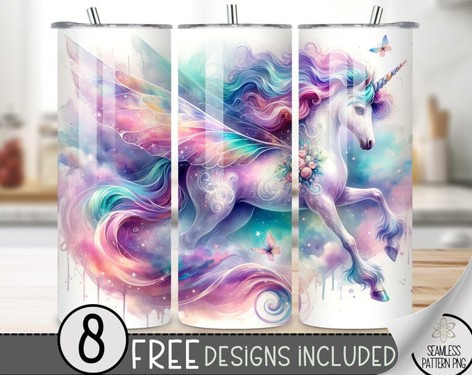 Unicorn Tumbler Wrap, Unicorn 20Oz Skinny Tumbler Digital Download PNG, Sparkly Pretty Unicorn  Sublimation, Pastel Rainbow Pink Sublimation