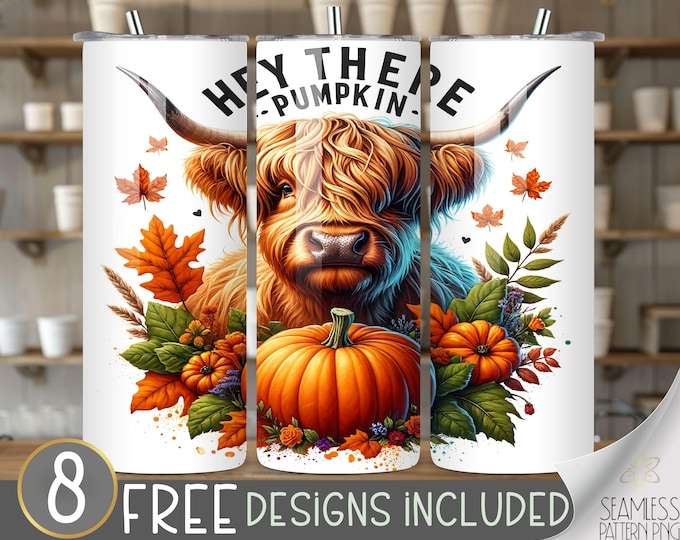 Highland Cow Tumbler Wrap, Hey There Pumpkin 20 oz Tumbler Sublimation Designs, Pumpkin  Cow Tumbler File, Cute Highland Cow Tumbler Design