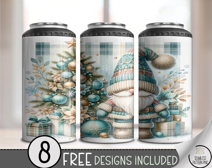 Christmas Gnome 4in1 Can Cooler Wrap, Festive Winter Gnome Sublimation Design, Christmas Tree and Gifts, Printable Cute Blue Design A533