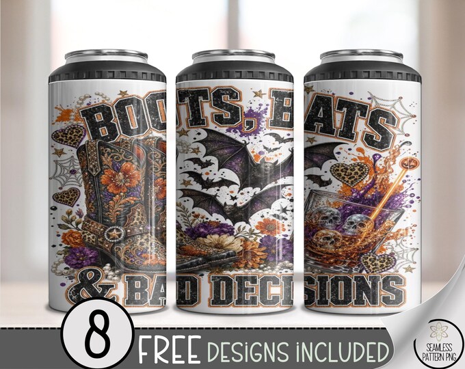 Halloween Boots Bats Bad Decisions 4-in-1 Can Cooler Wrap Sublimation Design, Digital Download, B10440