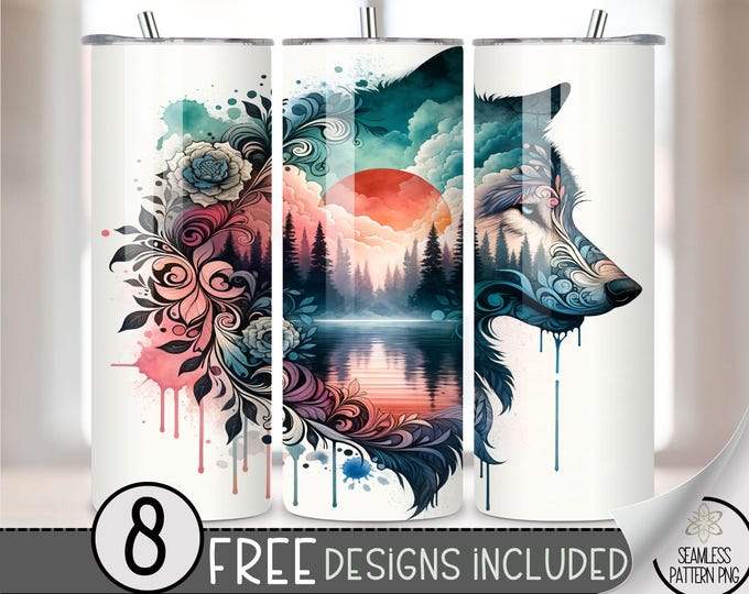 Boho Wolf Floral Tumbler Wrap, Floral Watercolor Sunset Lake Sublimation Design PNG, Ethereal 20Oz Skinny Tumbler File, Lake Tumbler PNG