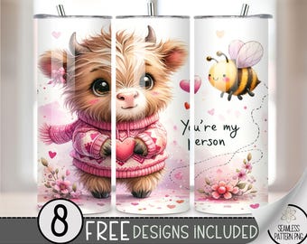 Highland Cow Valentine Tumbler Wrap, Love Sublimation Tumbler Wrap, Vday 20Oz Sublimation Wrap,Valentines Day Sublimation Tumbler Design PNG