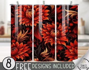 Halloween Floral Tumbler Wrap, Fall Dahlia Seamless Design, Autumn Flower Sublimation Tumbler Design PNG, Chrysanthemum 20 OZ Skinny Wrap