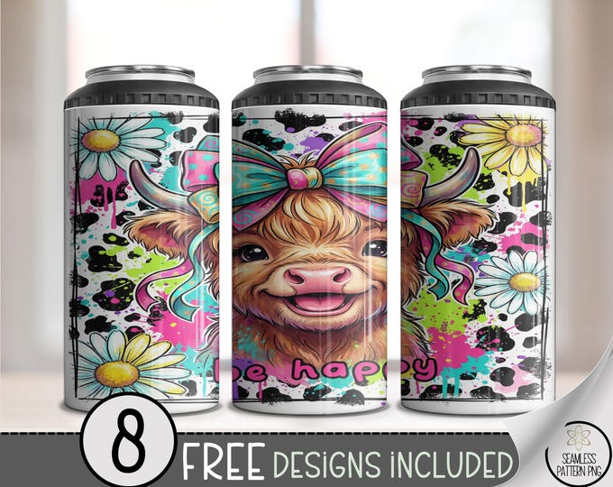 Happy Cow PNG, Highland Calf Can Cooler Wrap, Cute Pastel Bow Sublimation Design, B887