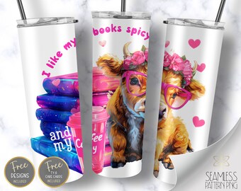 Sassy Highland Cow Tumbler Wrap Sublimation, Spicy Books Skinny Tumbler Design Files, Cow Digital Image, Bookish 20 oz Straight tumbler PNG