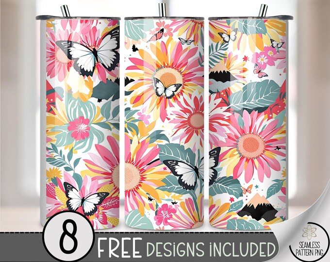 Flowers 20 oz Tumbler Wrap, Cheerful Summer Design For Straight Tumblers, Digital Download, B921
