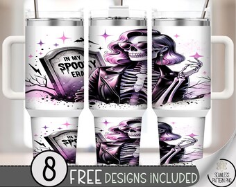 40oz Tumbler Wrap In My Spooky Era PNG, Pink Glam Skeleton Halloween Wrap, Goth Fall Sublimation Design, Spooky Season PNG, A390