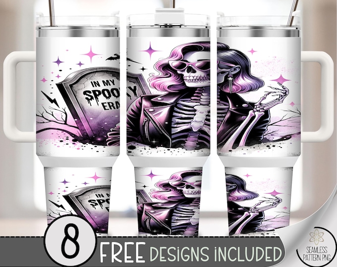 40oz Tumbler Wrap In My Spooky Era PNG, Pink Glam Skeleton Halloween Wrap, Goth Fall Sublimation Design, Spooky Season PNG, A390