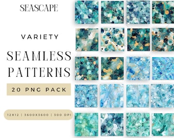 Digital Watercolor and Alcohol Ink Seascape Seamless Pattern PNG Bundle, Summer Spring Craft Sublimation File, Repeating Pack Commercial