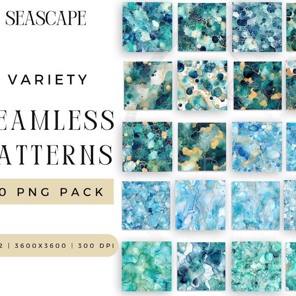 Digital Watercolor and Alcohol Ink Seascape Seamless Pattern PNG Bundle, Summer Spring Craft Sublimation File, Repeating Pack Commercial