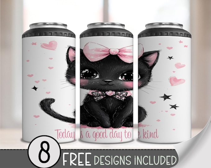 Black Cat 4in1 Can Cooler Wrap PNG, Cute Preppy Kitty Sublimation Design, Be Kind Quote, Kawaii Cat 16oz Can Hugger PNG,Cute Kitten PNG A237