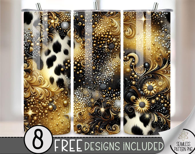 Cow Print Gold Glitter PNG Tumbler Wrap, Western Cowhide Print Sparkly Seamless Design, Instant Download, 20 Oz Skinny Sublimation Design