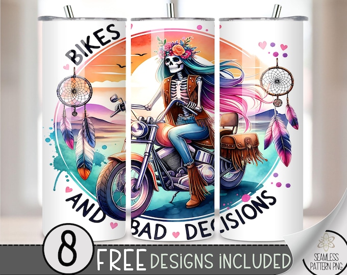 Motorcycle Tumbler Wrap,Seamless Motorcycle Wrap Tumbler, Bikes & Bad decisions 20oz Skinny Tumbler Wrap,Boho Motorcycle Sublimation Tumbler