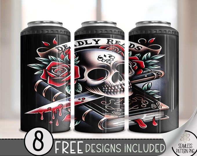 Gothic Romance Book 4 in 1 Can Cooler Wrap, Old School Tattoo Skull 4in1 Tumbler PNG, Rose Book 16 Oz Can Cooler Sublimation Design, Reader