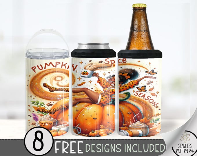 Pumpkin Spice Can Cooler Wrap, Autumn Pumpkin Spice Latte 16 oz 4-in-1 Cooler Sublimation, Black Girl Cozy Fall Can Wrap,Funny Hard Can Wrap