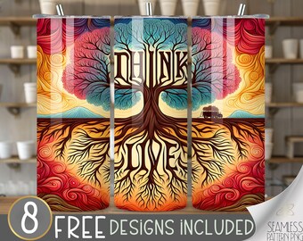 Tree of Life Tumbler Wrap, Think & Live Inspirational Design, Mindfulness Growth Wisdom Nature, 20oz Skinny Tumbler File, Boho Spiritual