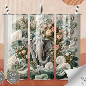 Embroidered Elephant Tumbler Wrap, 20oz Straight Sublimation Tumbler Design, 3D Sublimation Design Embroidery Mandala Tumbler PNG Download