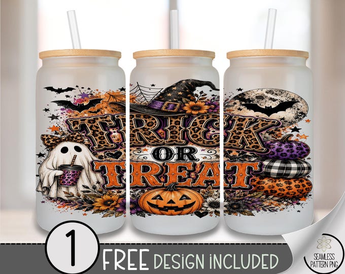 Halloween Ghost Glass Can Wrap, Trick or Treat 16oz Tumbler Sublimation Design PNG File, Digital Download, B10507