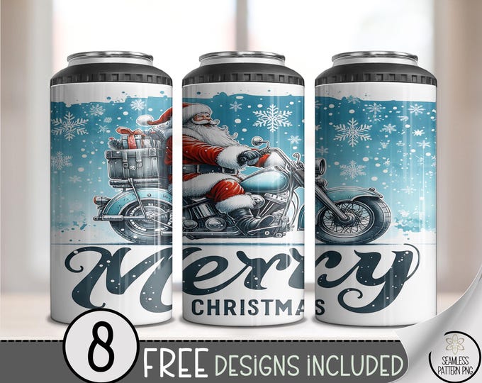 Santa Claus Motorcycle 4in1 Can Cooler File, Christmas Cheer Sublimation Design, Snowflakes, Playful Winter Printable Holiday Design, A576