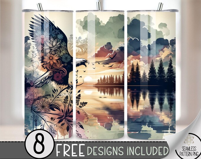 Boho Eagle Floral Tumbler Wrap, Floral Watercolor Sunset Lake Sublimation Design PNG, Ethereal 20Oz Skinny Tumbler File, Lake Tumbler PNG
