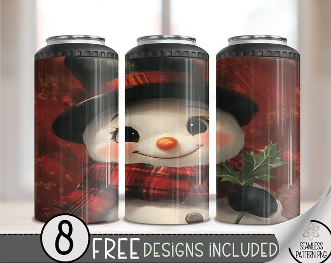 Snowman 4 In 1 Can Cooler Tumbler Wrap, Xmas Sublimation Design, Winter 16 Oz Slim, Cute Christmas File 16 Oz Can Cooler Sublimation Design