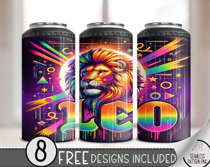 Neon Airbrush Zodiac 4 in 1 Can Cooler Wrap, Leo 16 Oz 4in1 Tumbler Sublimation Design Astrology Sign, Zodiac Signs Can Wrap PNG Download