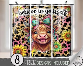 Happy Highland Cow PNG, Motivating 20 Oz Tumbler Wrap, Inspirational Sublimation Design For Straight Tumbler, B888