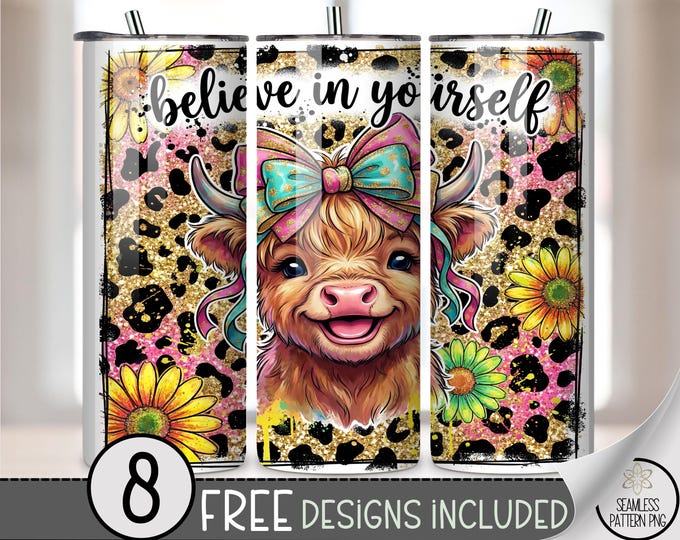 Happy Highland Cow PNG, Motivating 20 Oz Tumbler Wrap, Inspirational Sublimation Design For Straight Tumbler, B888
