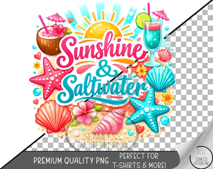 Summer Sublimation Design, Sunshine & Saltwater UV DTF Graphic, Beach Clip Art, Digital Download, B10226