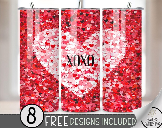 Valentines Tumbler Wrap PNG, Glitter Heart 20oz Skinny Seamless Tumbler Wrap PNG, Love Sublimation Tumbler Template, V Day XOXO File