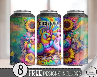 4-in-1 Tumbler Wrap Chicken Mama PNG, Rainbow Chick Sublimation Design, Colorful Sunflower Can Cooler Wrap, Cute Farm Mom PNG, A373