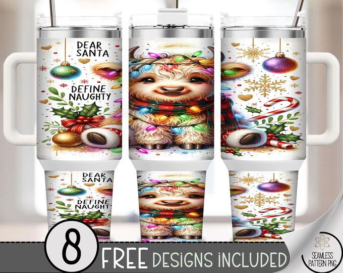 Cute Naughty 40 oz Tumbler Wrap: Christmas Highland Cow Sublimation Design, Festive PNG Files, Playful 40oz Tumbler Design A507