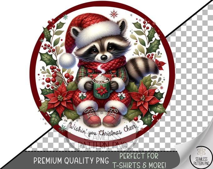 Festive Sublimation Design, Christmas Raccoon UV DTF Graphic, Cozy Clip Art, Santa Hat Holiday Illustration, A511