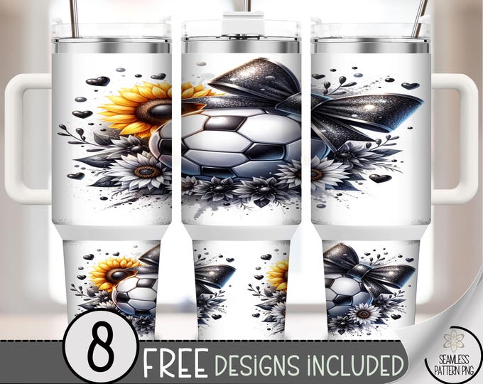 Coquette Bow 40oz Soccer Ball Tumbler Wrap, Rhinestone Bow and Floral PNG, Glam Sports Mom Sublimation, Sparkly Daisy Soccer Wrap, A400