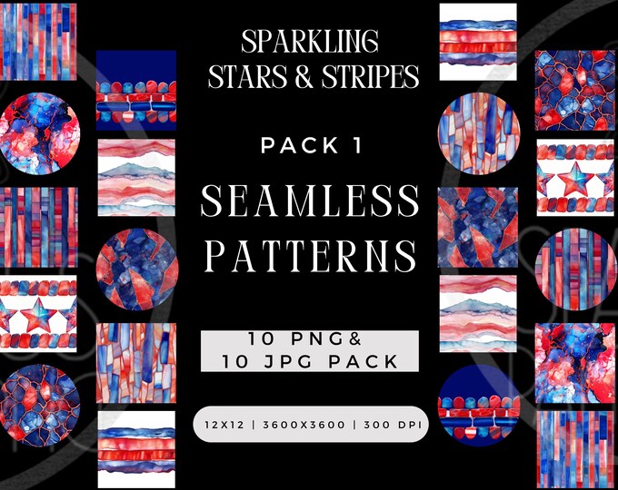 Digital Sparkling Stars & Stripes Seamless Pattern PNG JPG Bundle, Memorial Day, 4th of July Repeating Pack, Commercial Use