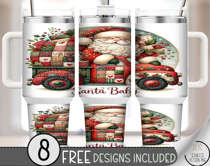 Jolly Santa Claus 40 oz tumbler wrap, Xmas Sublimation Design, Faux Patchwork PNG File, Santa Baby 40oz Tumbler Design, A708
