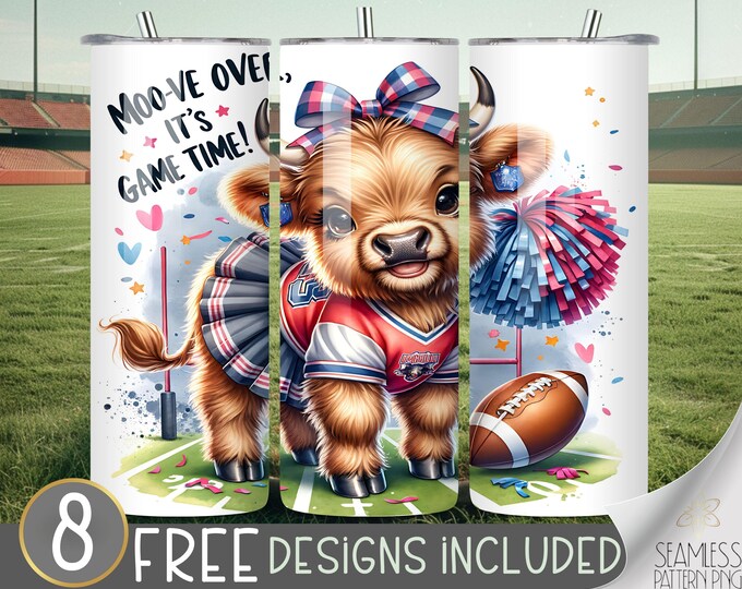 Cheerleader highland cow tumbler wrap, fall 20 oz skinny tumbler sublimation, football tumbler design, cute football cow tumbler file