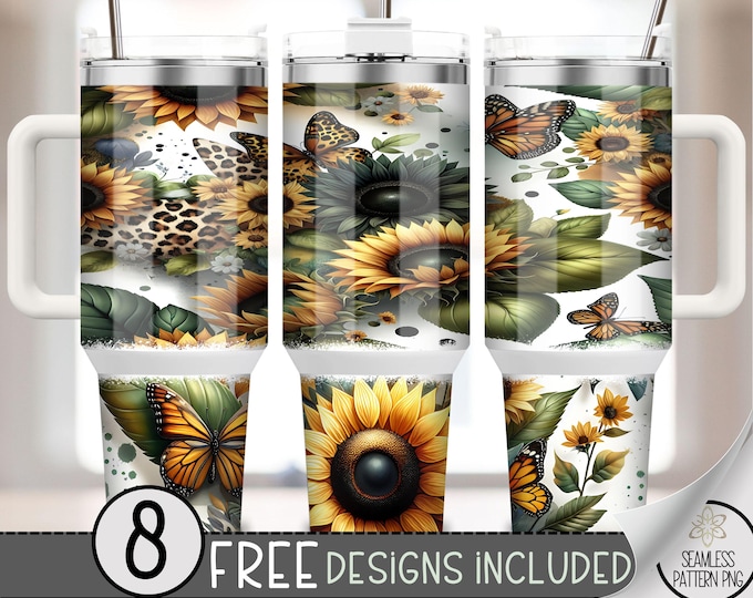 Watercolor Sunflower 40 oz Sublimation Design, Floral Seamless 40oz Quencher Tumbler PNG, Spring Butterfly 40 oz Wrap, A219